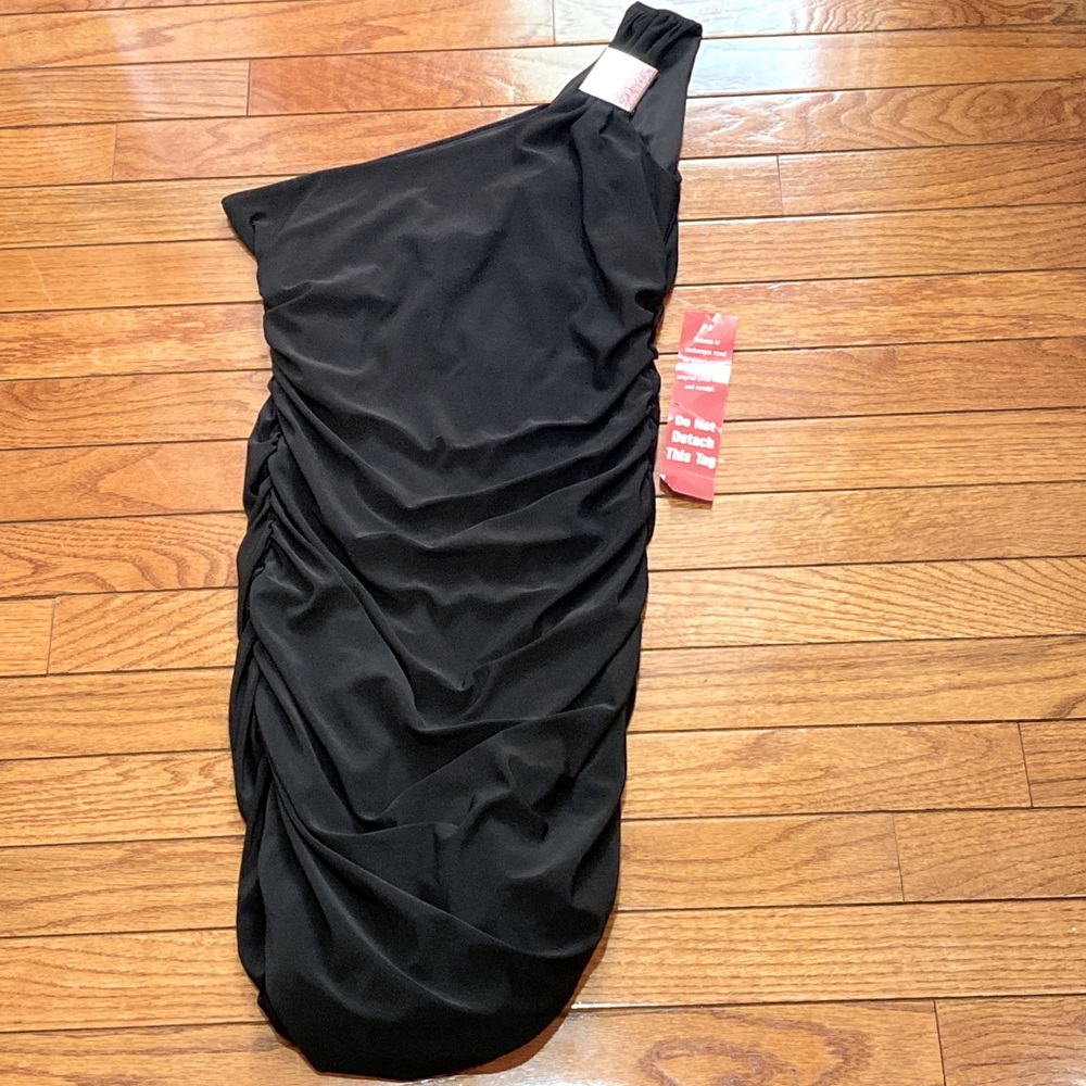 Sweet Storm black one shoulder ruched dress.